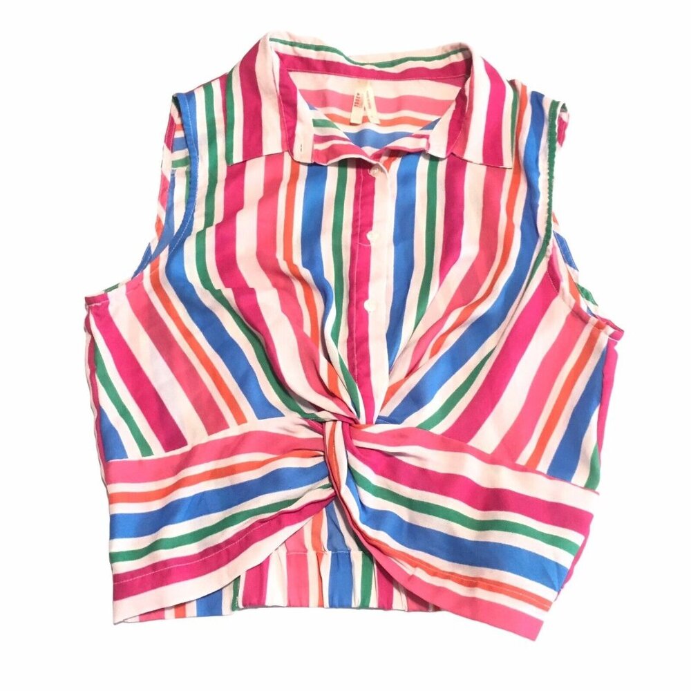 True Destiny Shirt Girl Size Large Sleeveless Stripe Summer Twist Front Casual